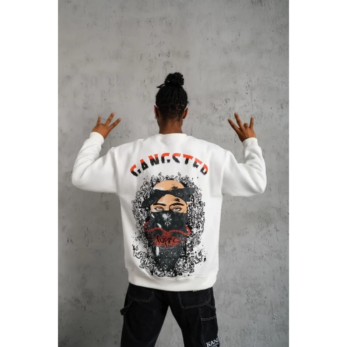 ieg™      3 İplik Gangster Baskılı Sweatshirt - Beyaz -