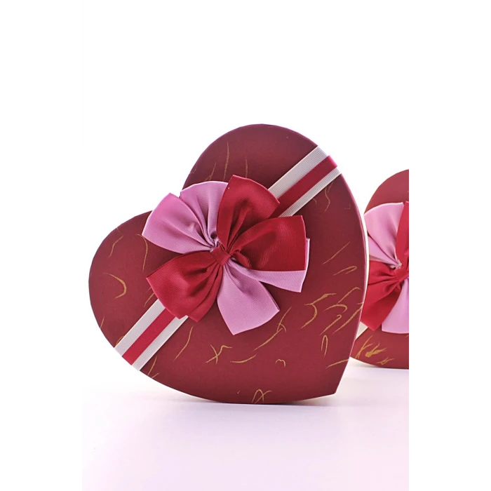 ieg ™ 3 Lü Set Kalp Şeklinde Kurdeleli Karton Kutu Kırmızı - Bej