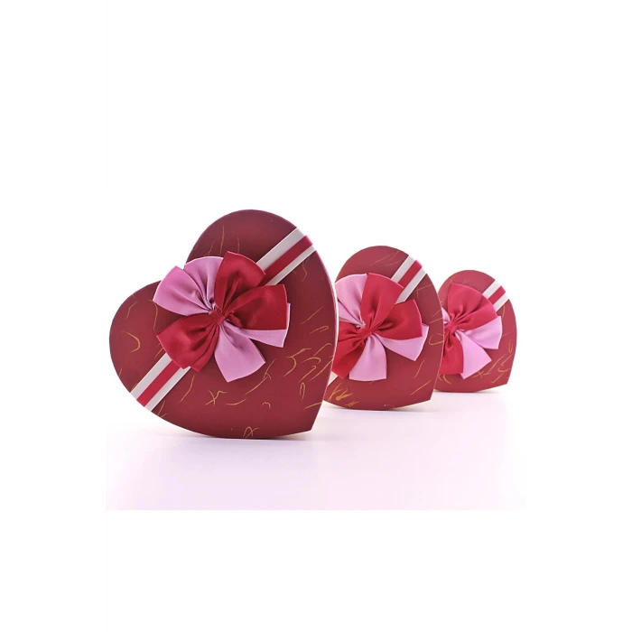 ieg ™ 3 Lü Set Kalp Şeklinde Kurdeleli Karton Kutu Kırmızı - Bej