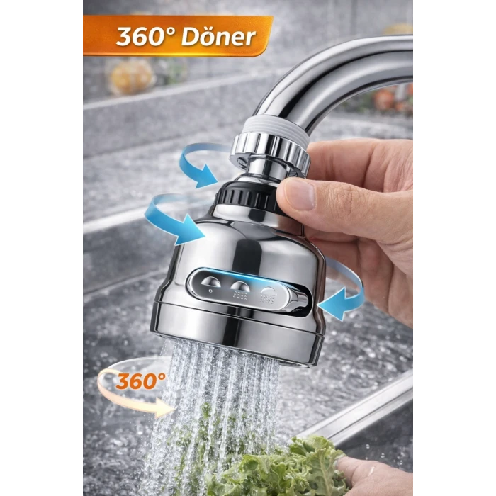 ieg™ 3 Modlu 360 Derece Döner Krom Musluk Başlığı Su Tasarruflu Mutfak Çeşme Evye ve Lavabo Batarya Ucu