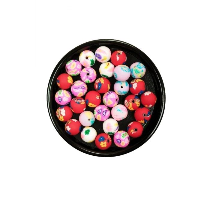 İEG 30 Adet 10 mm Polimer Kil Fimo Boncuk Takı Bileklik + 1 Metre Lastikli Misina Hediye - Desenli Yuvarlak