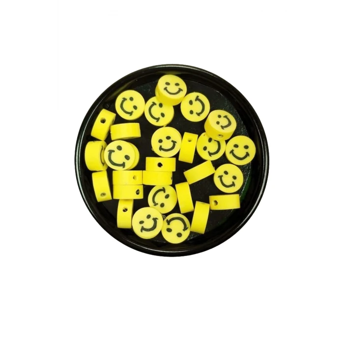 İEG 30 Adet 10 mm Polimer Kil Fimo Boncuk Takı Bileklik + 1 Metre Lastikli Misina Hediye - Gülen Yüz Smile