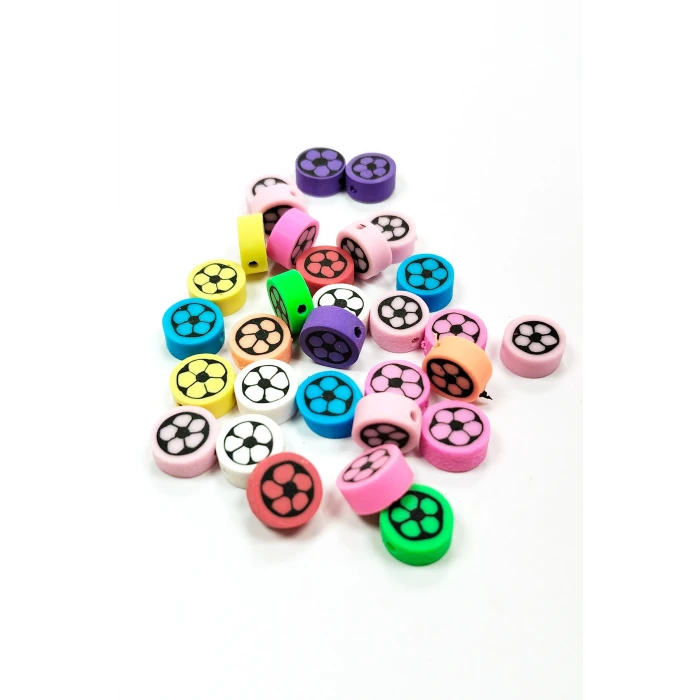 İEG 30 Adet 10 mm Polimer Kil Fimo Boncuk Takı Bileklik + 1 Metre Lastikli Misina Hediye - Renkli Çiçek