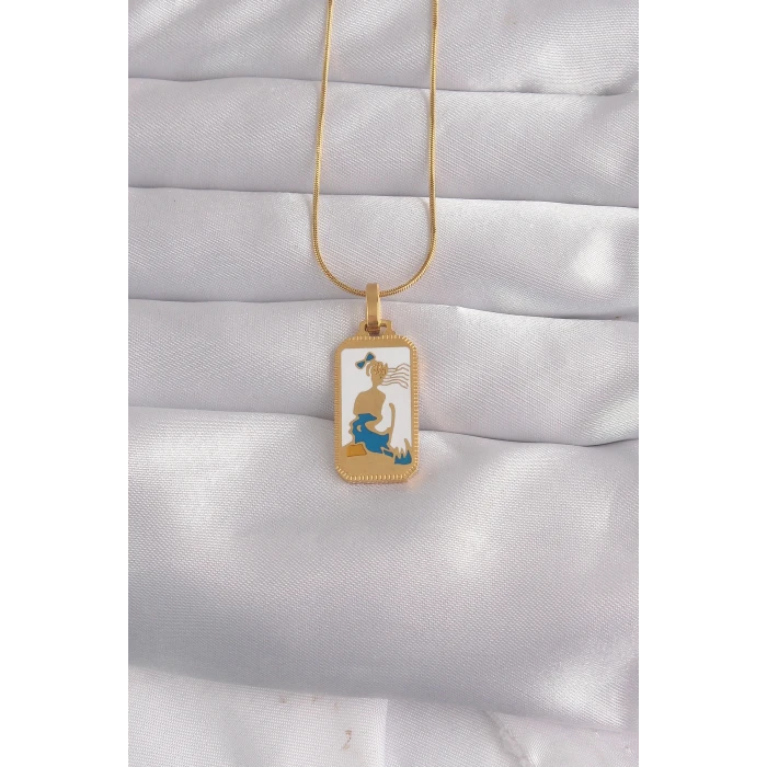 ieg™ 316L Çelik Gold Renk Beyaz Mineli Kız Figür Tarot Kolye