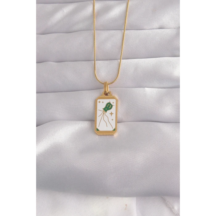 ieg™ 316L Çelik Gold Renk Beyaz Mineli Tarot Kolye