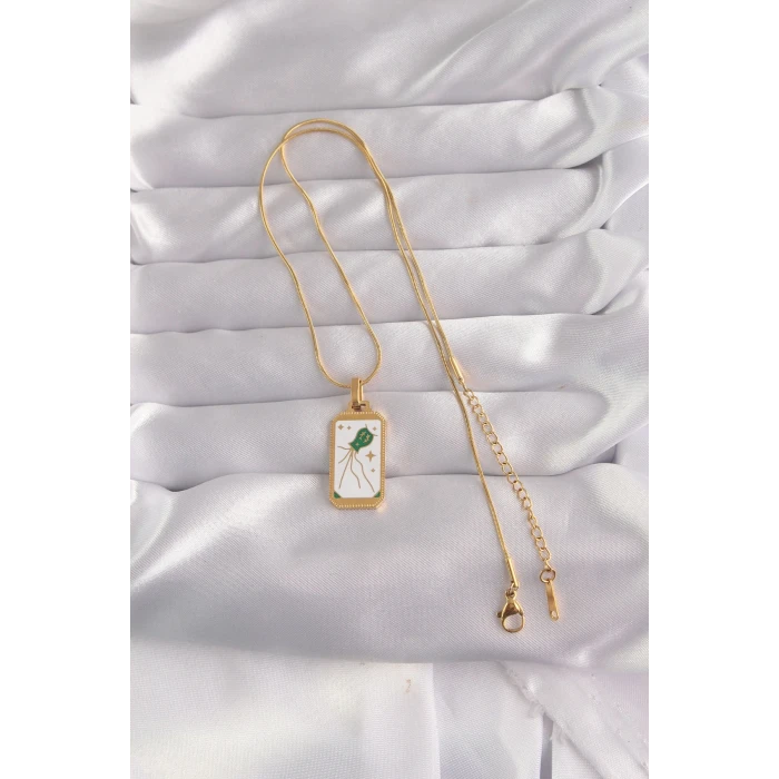 ieg™ 316L Çelik Gold Renk Beyaz Mineli Tarot Kolye