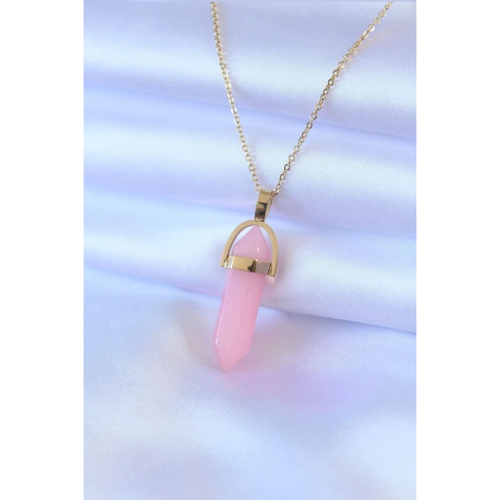ieg™ 316L Çelik Gold Renk Kristal Pembe Taş Model Kadın kolye