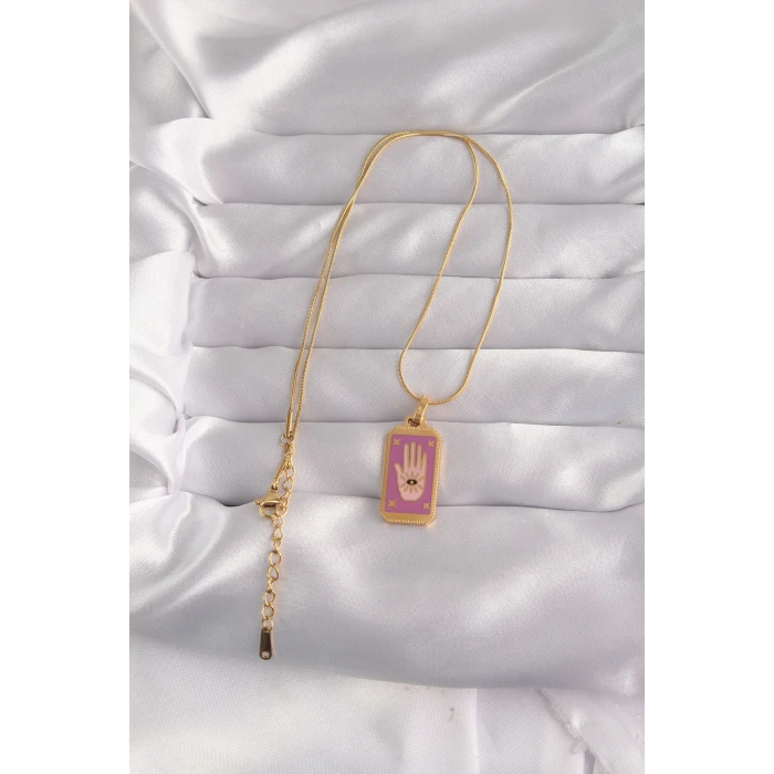 ieg™ 316L Çelik Gold Renk Mor Mineli El Figür Tarot Kolye