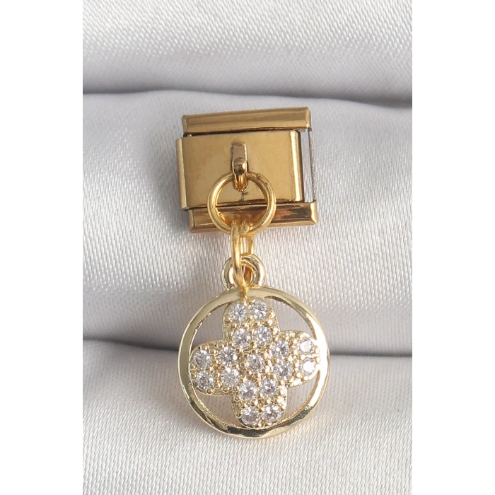 ieg™ 316L Çelik Gold Renk Sallantı Zirkon Taşlı Yonca Model Nomination Charm