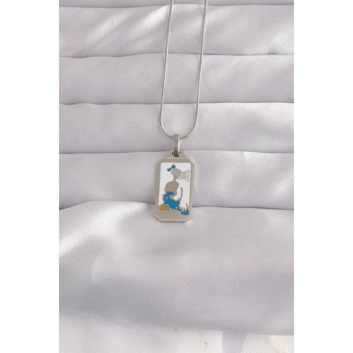 ieg™ 316L Çelik Gümüş Renk Beyaz Mineli Kız Figür Tarot Kolye