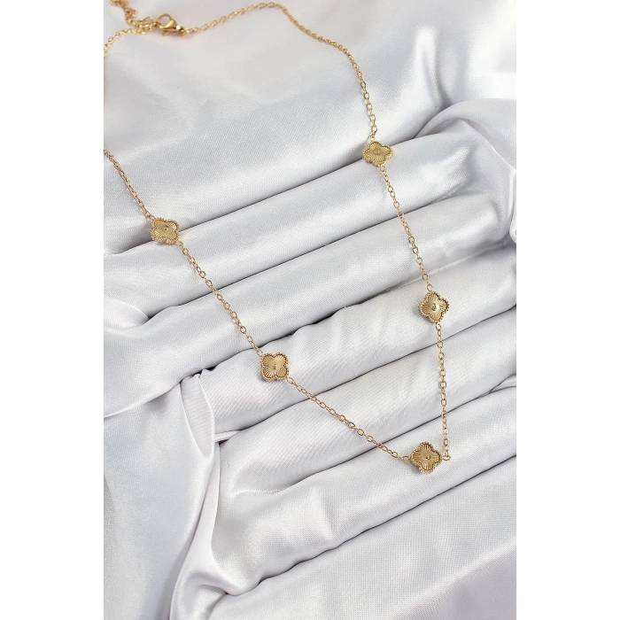 316L Çelik Yonca Model Gold Renk Kadın Kolye - TJ-BKO10378