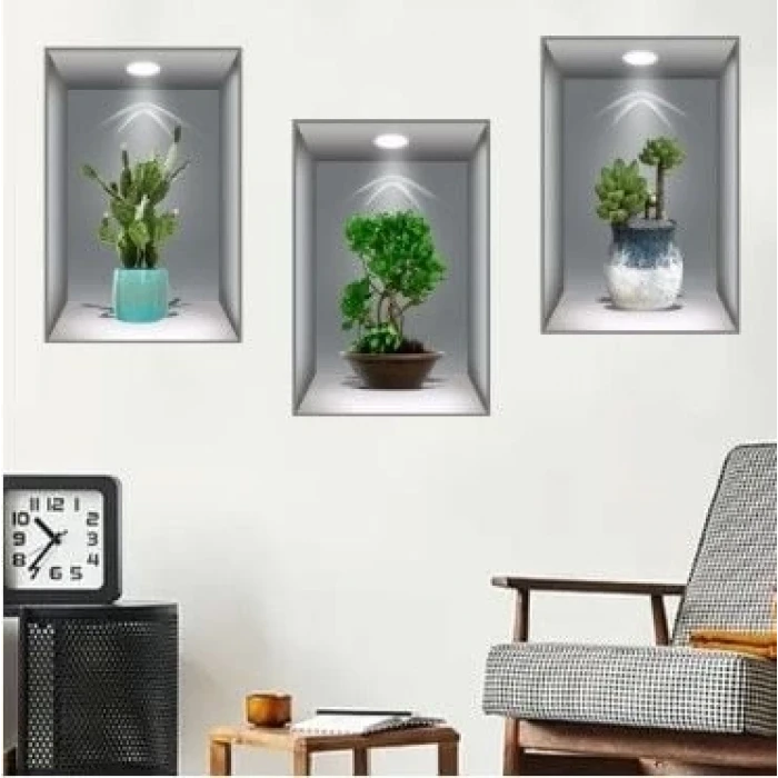 ieg™ 3D Çiçek Vazo Duvar Sticker 3 lü Set GRİ Fon