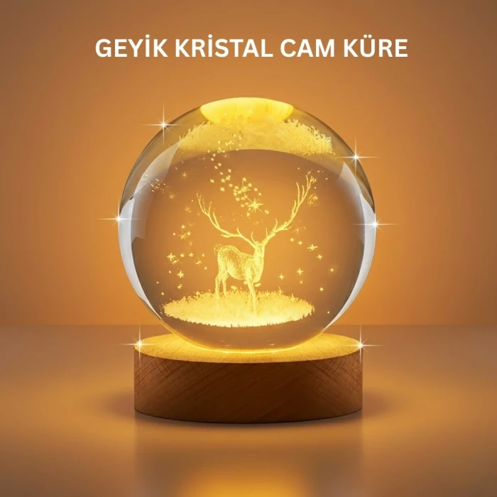 ieg™ 3D Geyik Desenli Kristal Küre USB Işıklı Ahşap Tabanlı Oda Lambası