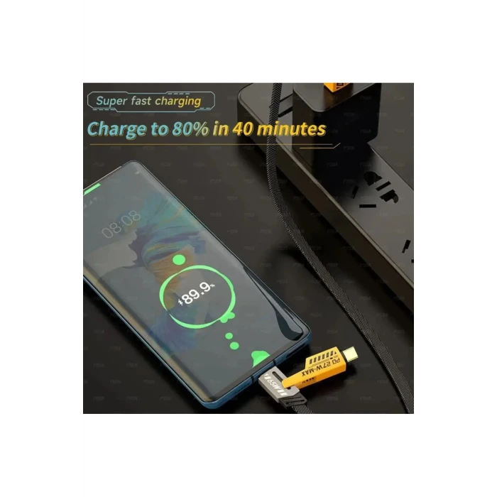 ieg™ 4in1 PD 65 Watt Type-C/27 Watt iPhone Halat Örgü Kırılmaz Uç 1MT Hızlı Şarj ve Data Kablosu fp98