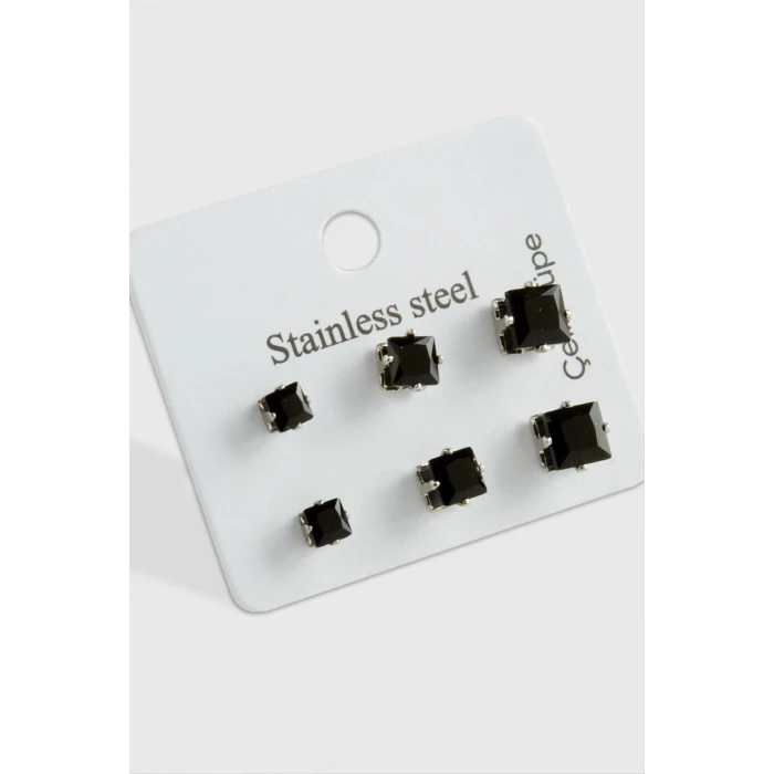 ieg™ 6 Adet Kare Zirkon Tek Taşlı Çelik Küpe