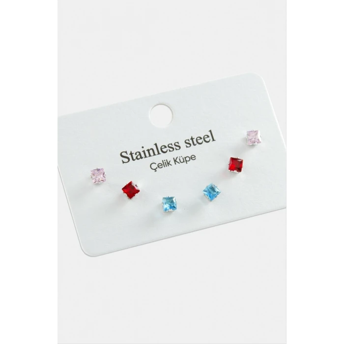 ieg™ 6 Adet Kare Zirkon Tek Taşlı Çelik Küpe