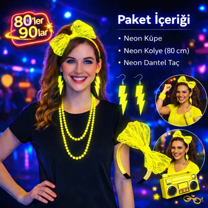ieg™ 80’ler 90’lar Neon Sarı Parti Seti – Kolye Küpe Taç