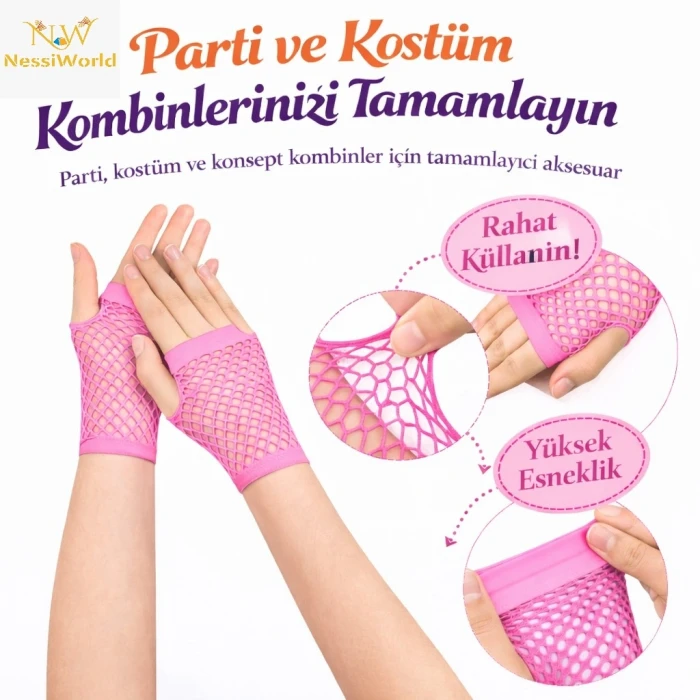 ieg™ 80’ler 90’lar Retro Neon Pembe File Parmaksız Kısa Eldiven 11 cm