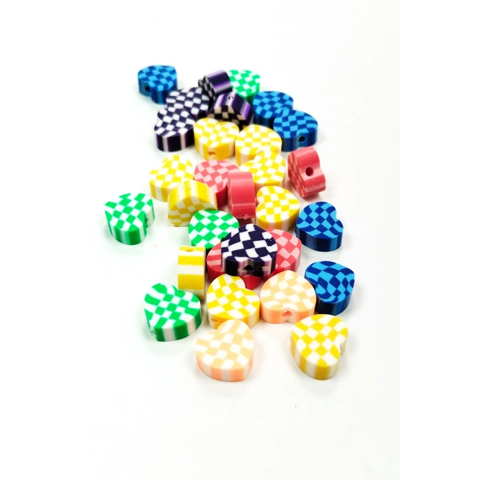 İEG 90 Adet 10 mm Polimer Kil Fimo Boncuk Takı Bileklik + 5 Metre Lastikli Misina Hediye - Desenli Kalp