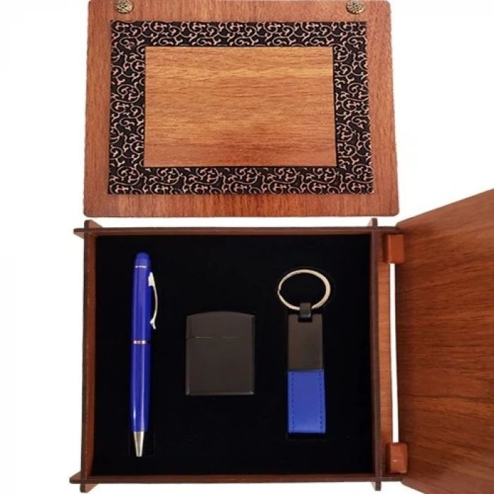 ieg ™  Ahşap Kutulu Mavi Kalem Anahtarlık ve Çakmak Set