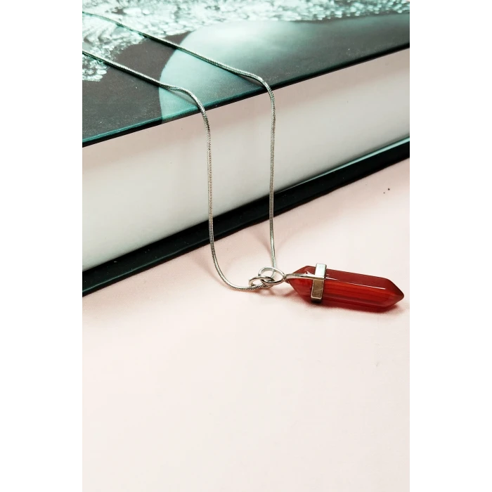 İEG Akik Doğal Taşı Zincirli El Yapımı Tasarımlı Kolye Uç: 3,5 cm Zincir: 20 cm Kutulu