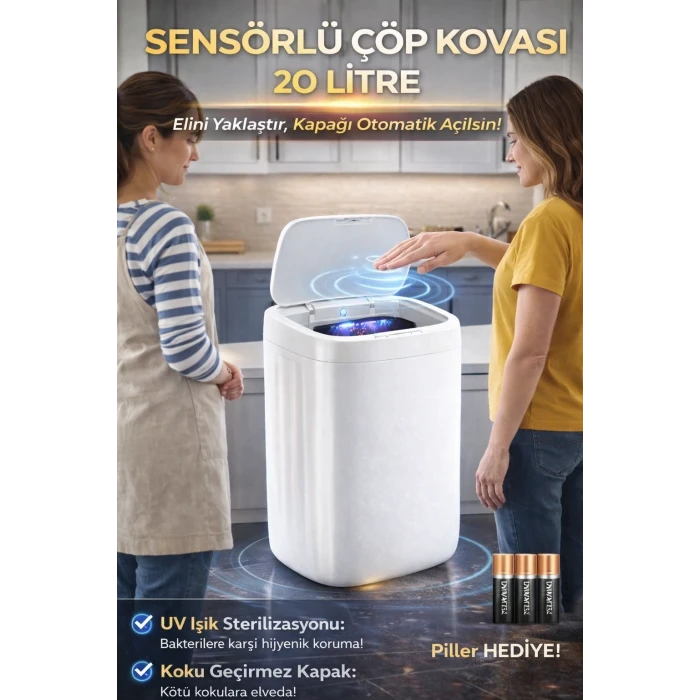 ieg™ Akıllı Teknolojik Sensörlü Otomatik Açılan Kapak 20 Litre Çöp Kovası UV Işıklı