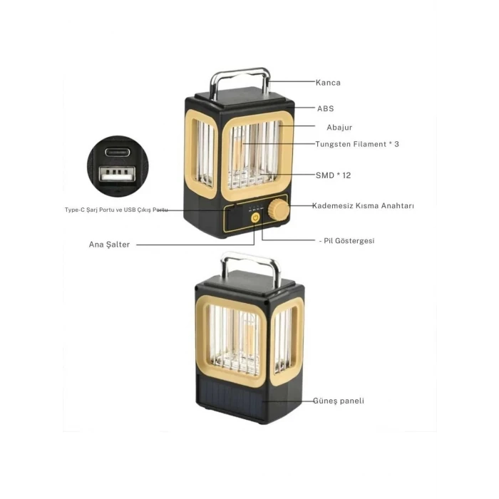 ieg™ Ampul Solar Şarj Edilebilir 12 Led 1 Rustikli Led Kamp Lambası