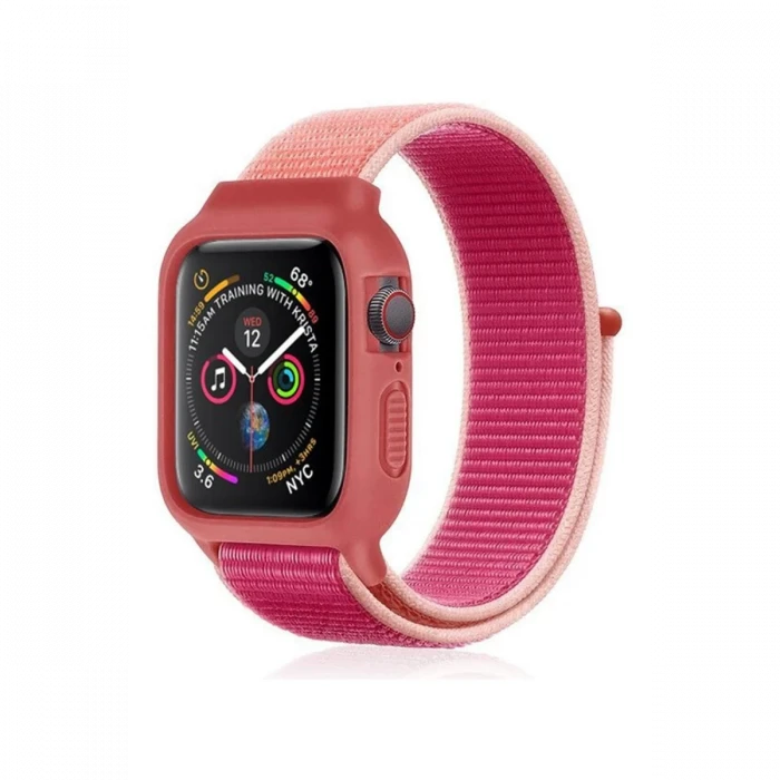ieg™  Apple Watch 42mm Hasırlı Cırtcırtlı Kasalı Kordon - Mor