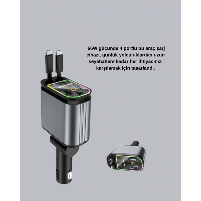 ieg™ Araç Şarj Adaptörü 66w Pd Qc Hızlı Şarjlı Ve Çekilebilir Kablolu