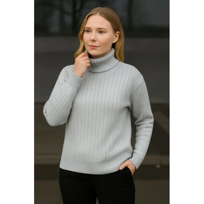 ieg™ Balıkcı Yaka Bağazlı Triko Kazak Pamuklu Kalın Fitilli Dokuma - Gri