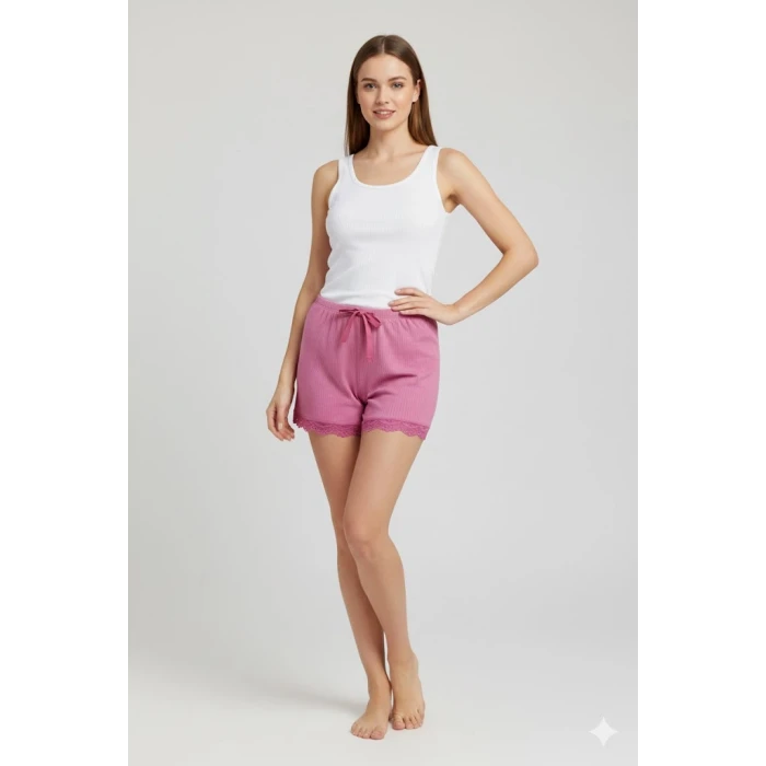 ieg™ Bambu Fitilli Kadın Ev Şortu Bacak Dantel Detaylı Ev Giyim Fuşya