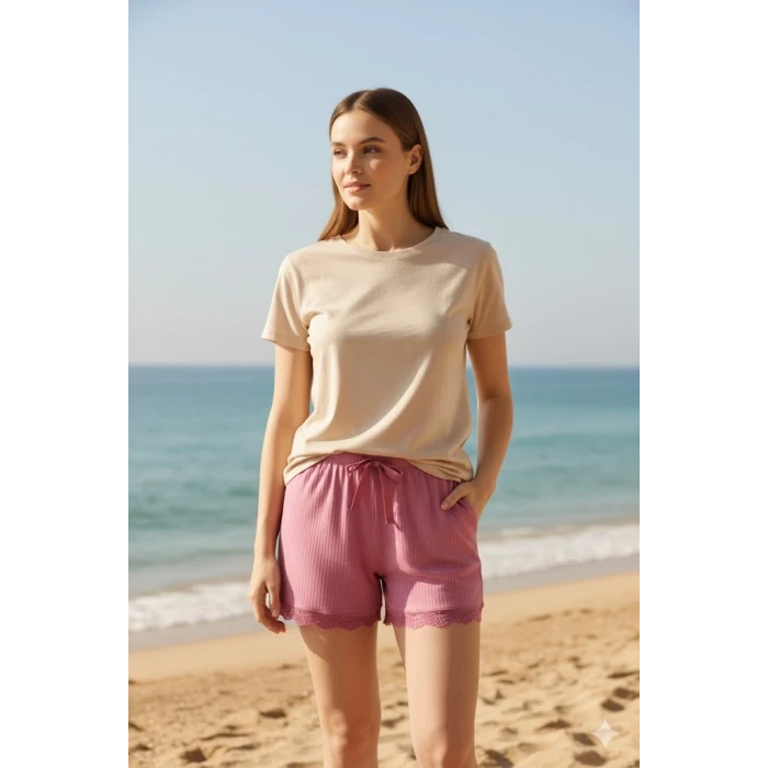 ieg™ Bambu Fitilli Kadın Ev Şortu Bacak Dantel Detaylı Ev Giyim Fuşya
