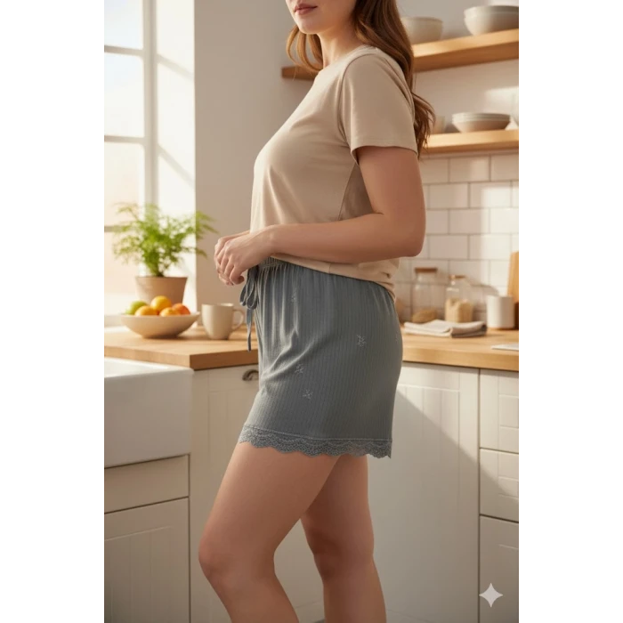 ieg™ Bambu Fitilli Kadın Ev Şortu Bacak Dantel Detaylı Ev Giyim Gri