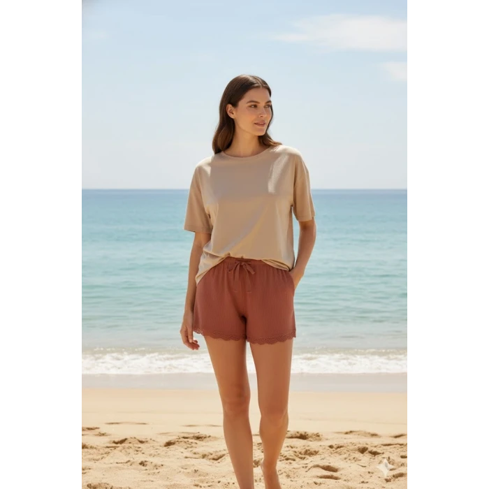 ieg™ Bambu Fitilli Kadın Ev Şortu Bacak Dantel Detaylı Ev Giyim Taba