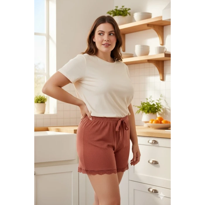 ieg™ Bambu Fitilli Kadın Ev Şortu Bacak Dantel Detaylı Ev Giyim Taba