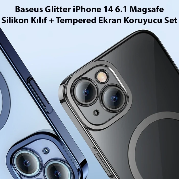 ieg™ Baseus Glitter İphone 14 6.1 Magsafe Silikon Kılıf + Tempered Ekran Koruyucu Set