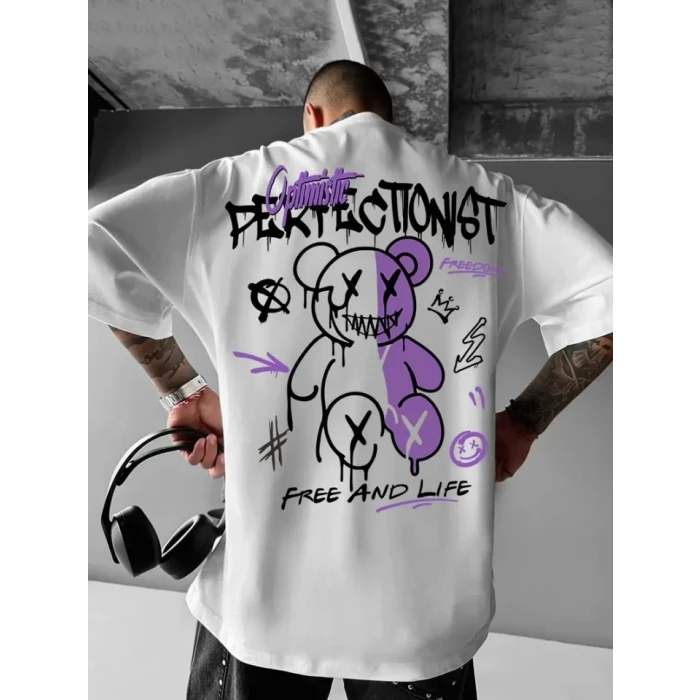 ieg™ Baskılı Oversize Bisiklet Yaka T-shirt - Beyaz