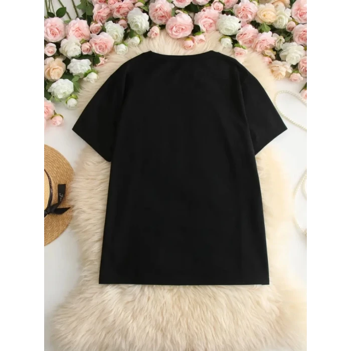 ieg™ Baskılı Oversize Bisiklet Yaka T-shirt - Siyah