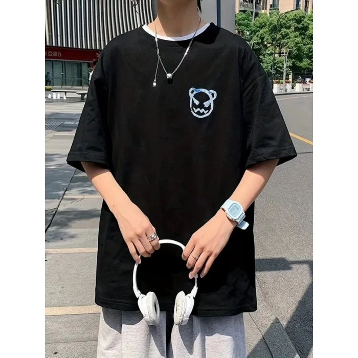 ieg™ Baskılı Oversize Bisiklet Yaka T-shirt - Siyah