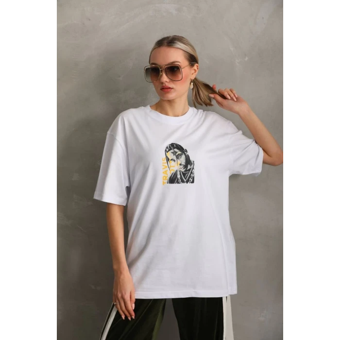 ieg™      Baskılı Oversize T-Shirt - Beyaz -