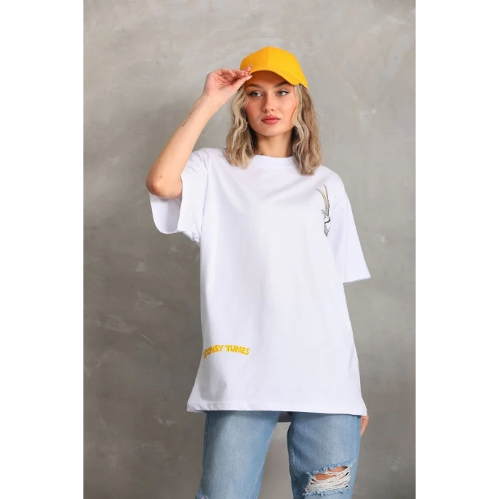 ieg™      Baskılı Oversize T-Shirt - Beyaz -