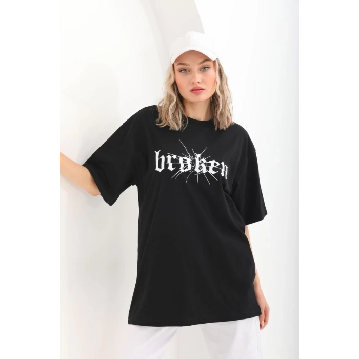 ieg™      Baskılı Oversize T-Shirt - Siyah -