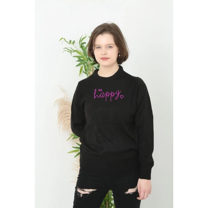 ieg™ Baskılı Uzun Kol Yarım Boğazlı Dokuma Triko - Siyah