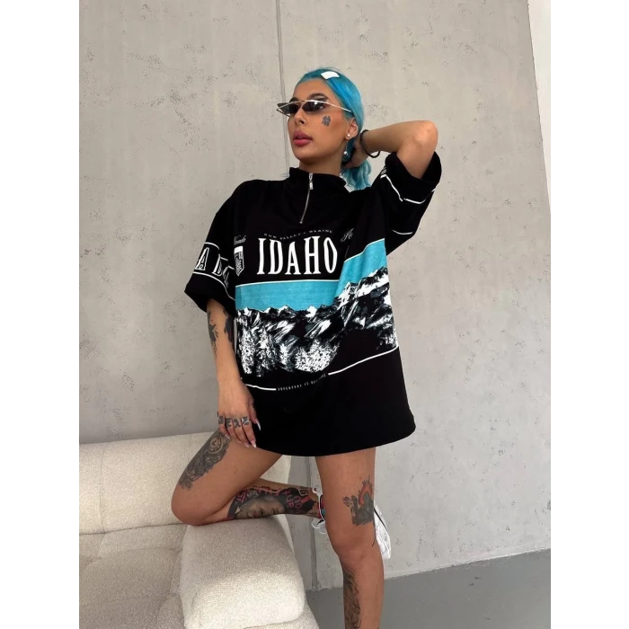 ieg™      Baskılı Yarım Fermuarlı T-Shirt - Siyah -