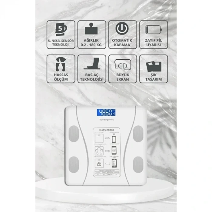 ieg™ Beyaz Renk Bluetooth Özellikli Akıllı Tartı
