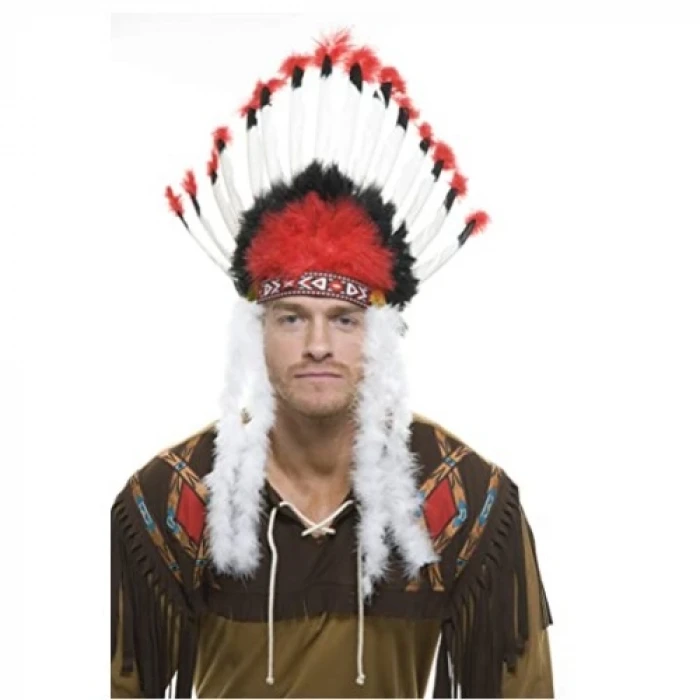 ieg ™ Beyaz Tüylü Siyah Kırmızı Büyük Hintli Kızılderili Başlığı
