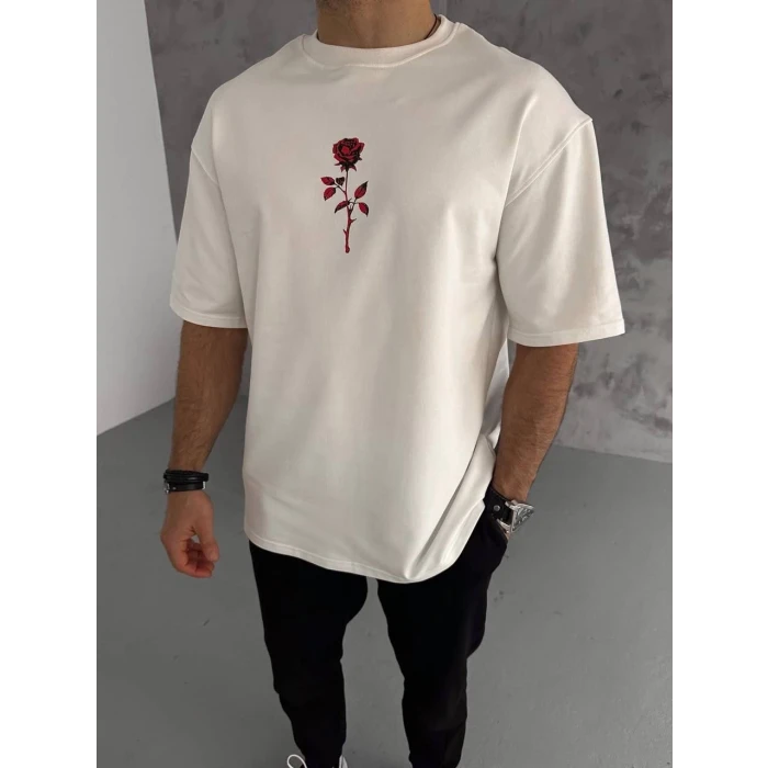 ieg™      Bisiklet Yaka Baskılı Oversize T-Shirt - Beyaz -