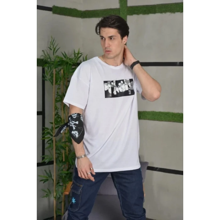 ieg™      Bisiklet Yaka Baskılı Oversize T-Shirt - Beyaz -