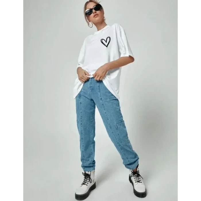 ieg™ Bisiklet Yaka Baskılı Oversize T-Shirt - Beyaz