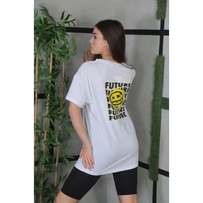 ieg™      Bisiklet Yaka Baskılı Oversize T-Shirt - Beyaz -